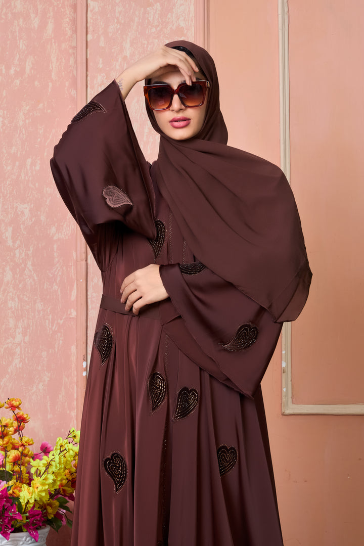Chocolate Brown Abaya with Heart-Shaped Stone Work
