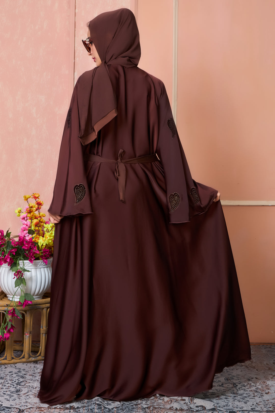 Chocolate Brown Abaya with Heart-Shaped Stone Work