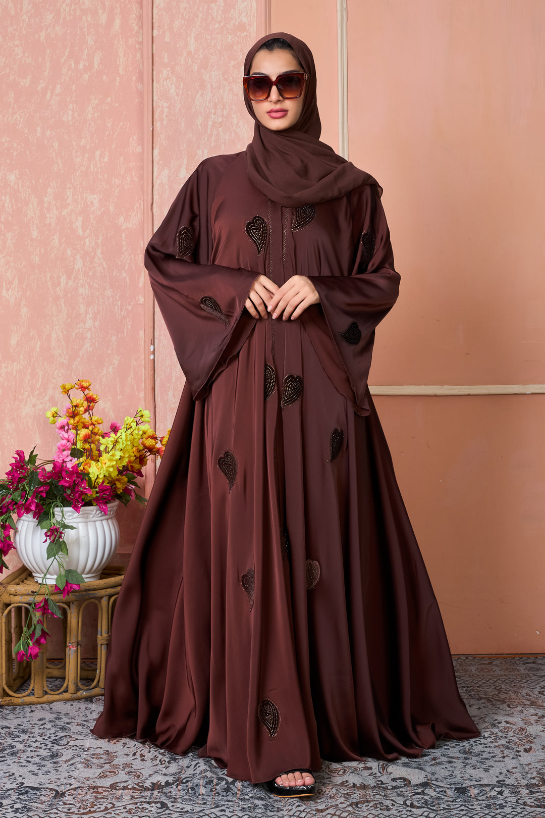 Chocolate Brown Abaya with Heart-Shaped Stone Work