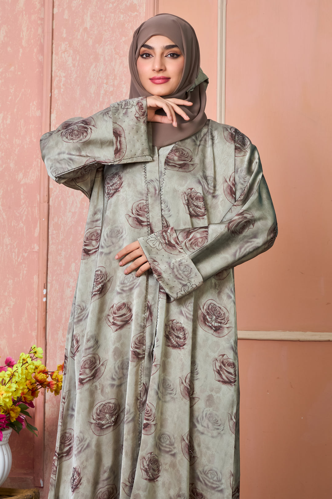 Sage Rose Satin Abaya