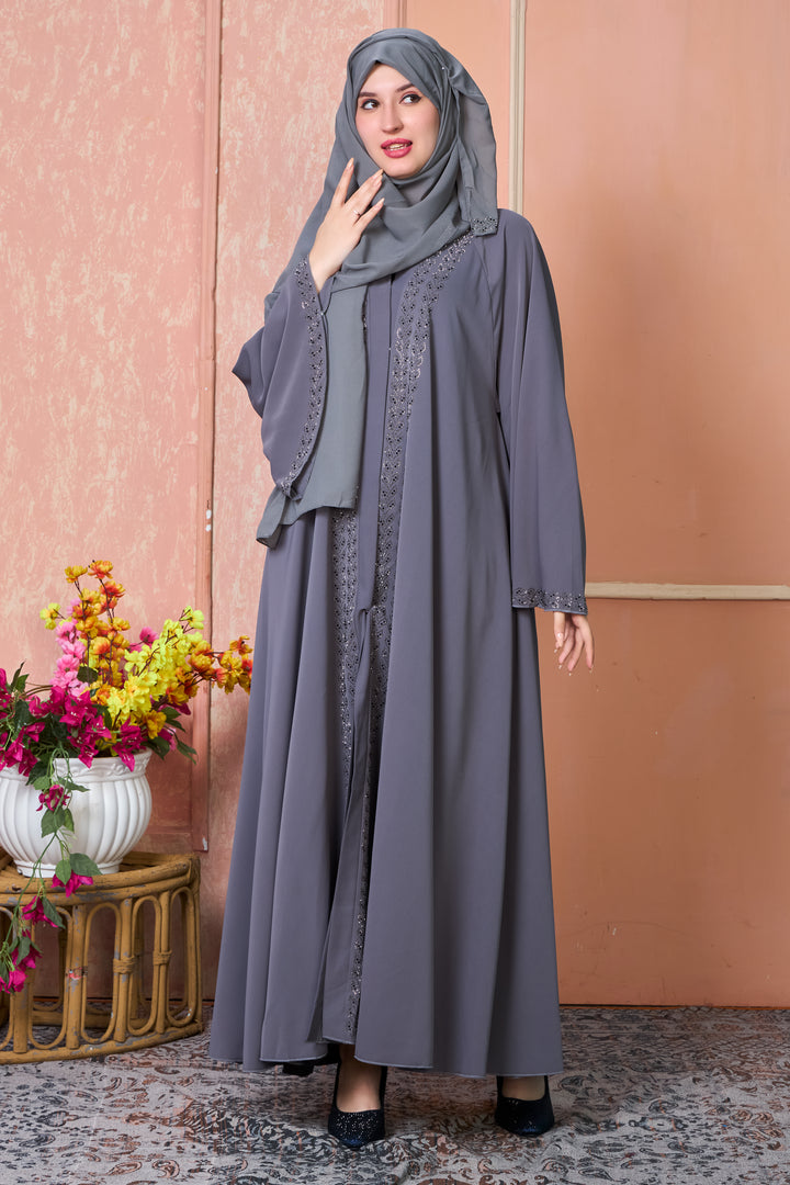Smoky Grey Abaya with Intricate Stone Work