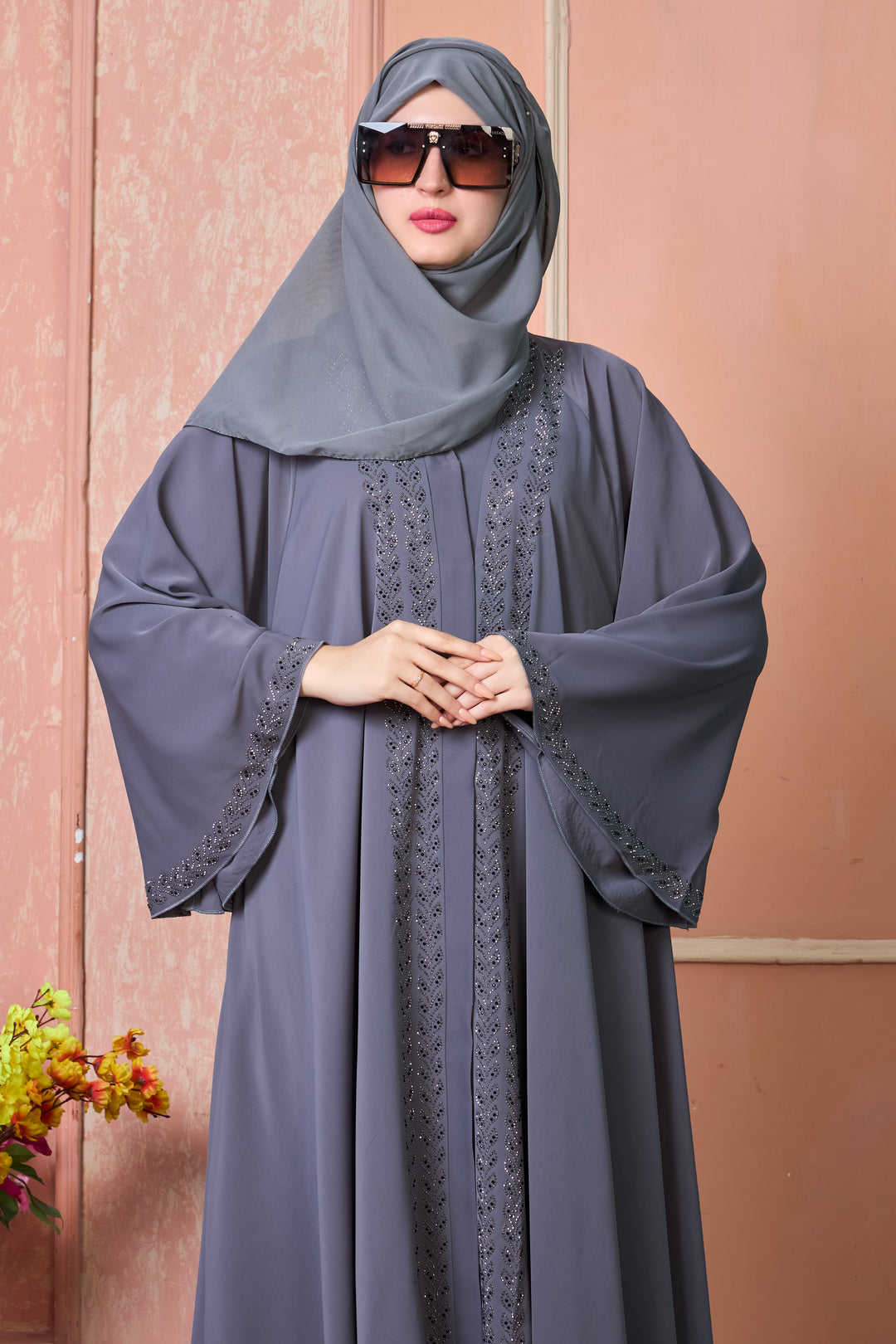 Smoky Grey Abaya with Intricate Stone Work