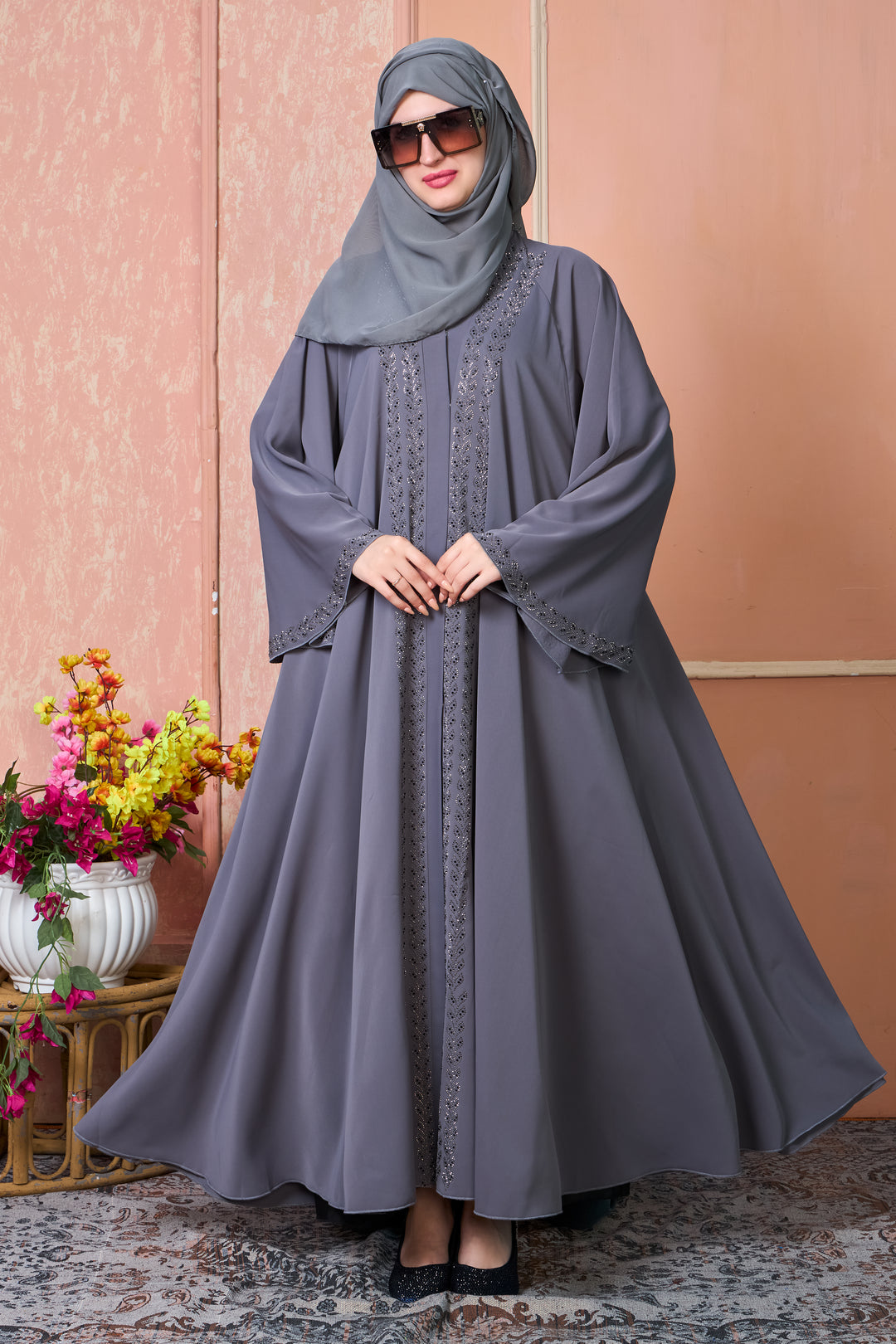 Smoky Grey Abaya with Intricate Stone Work