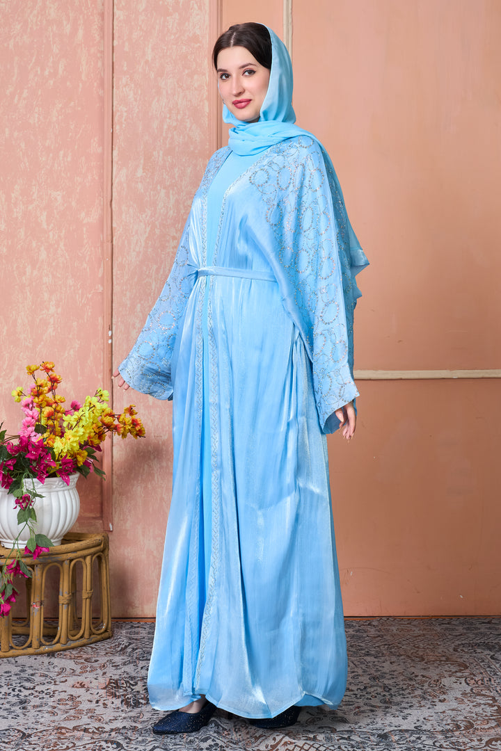 Sky Blue Stone Work Open Abaya