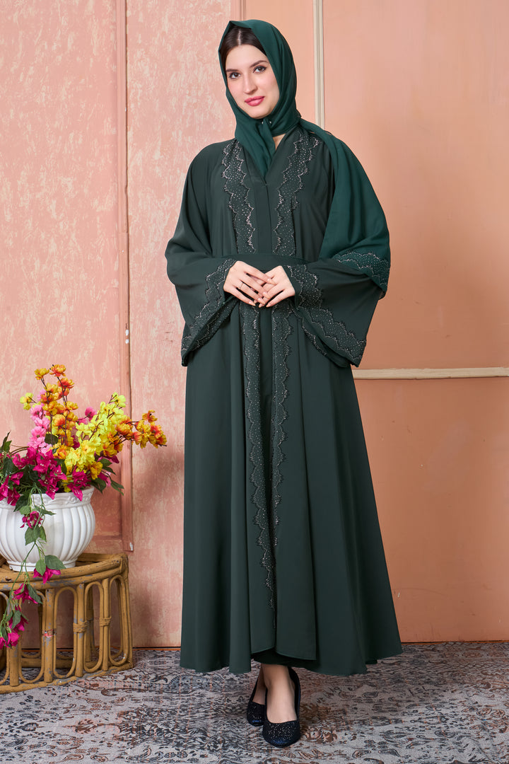 Dark Green Abaya with Silver Stone Work