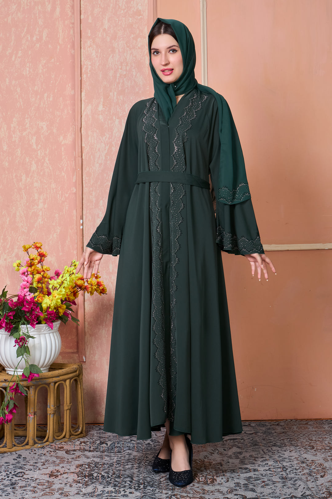Dark Green Abaya with Silver Stone Work
