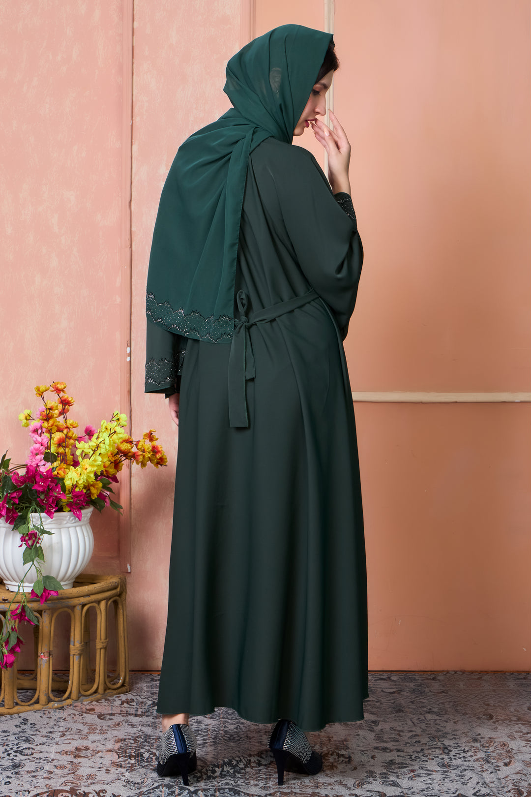 Dark Green Abaya with Silver Stone Work