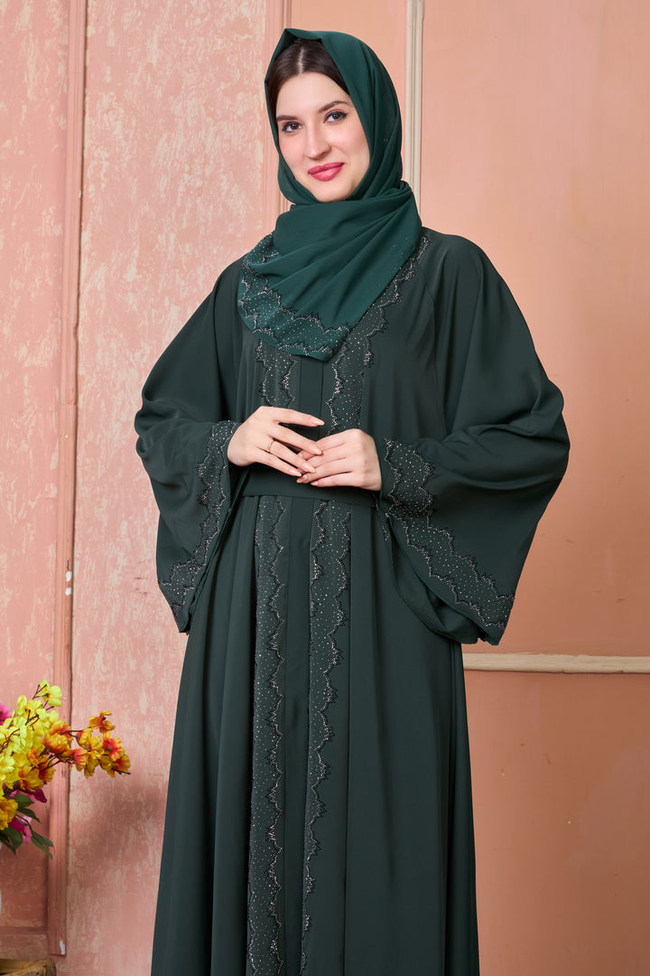 Dark Green Abaya with Silver Stone Work