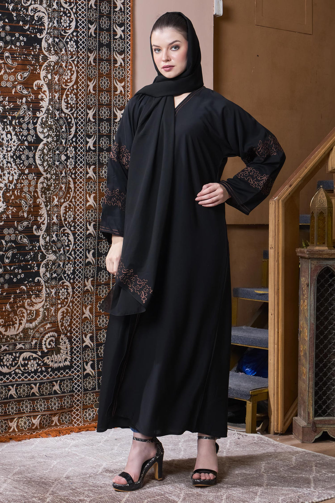 Black Copper Embroidered Abaya